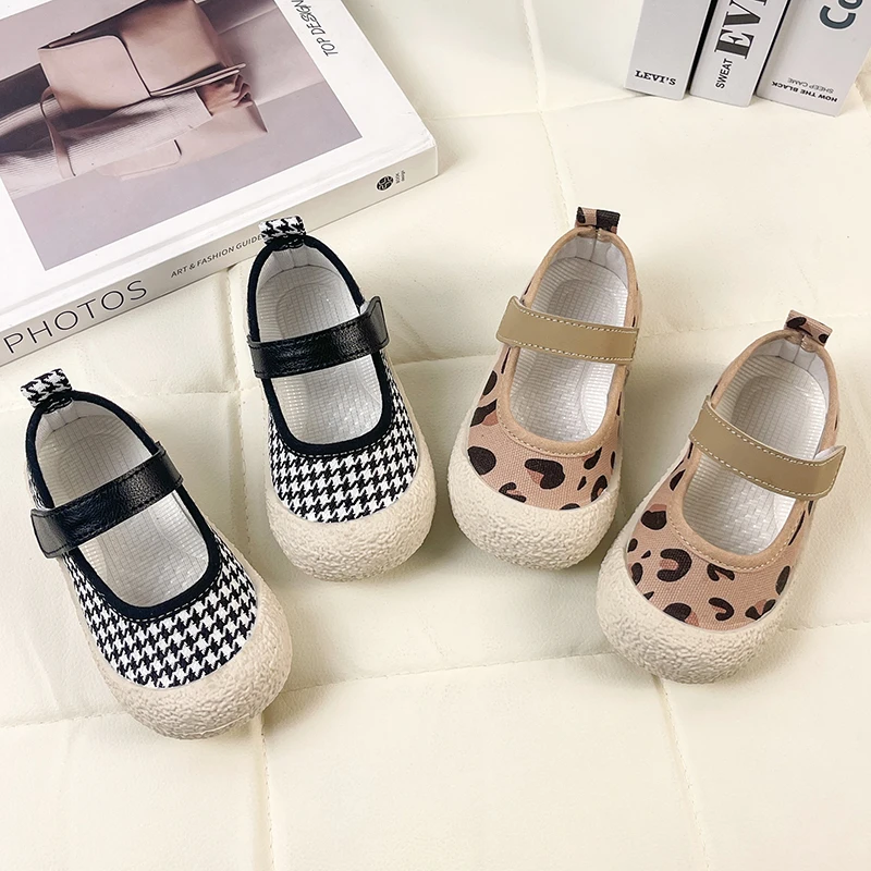 Children Casual Shoes for Boys Leopard Pattern Thousand Bird Check Print Girls Shoes Kids Fashion Flats Round-toe 2023 Japanese