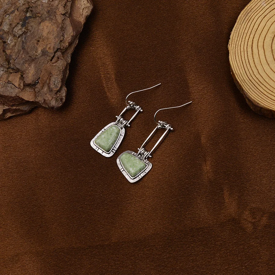DIY accessories Cross-border new retro trapezoidal turquoise jadeite gemstone earrings, European and American fashion simple asy