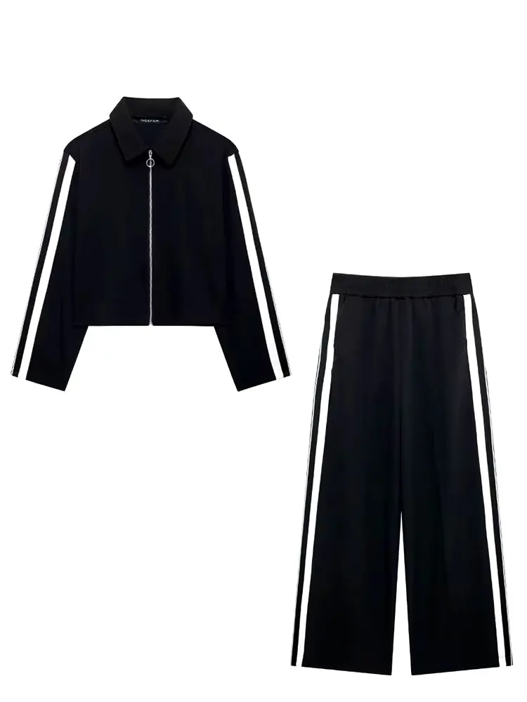HH 2024 Female Street Trendy Trousers Suits Lapel Zipper Cropped Jackets+Elastic Waist Wide Leg Long Pants Causal Autumn Set