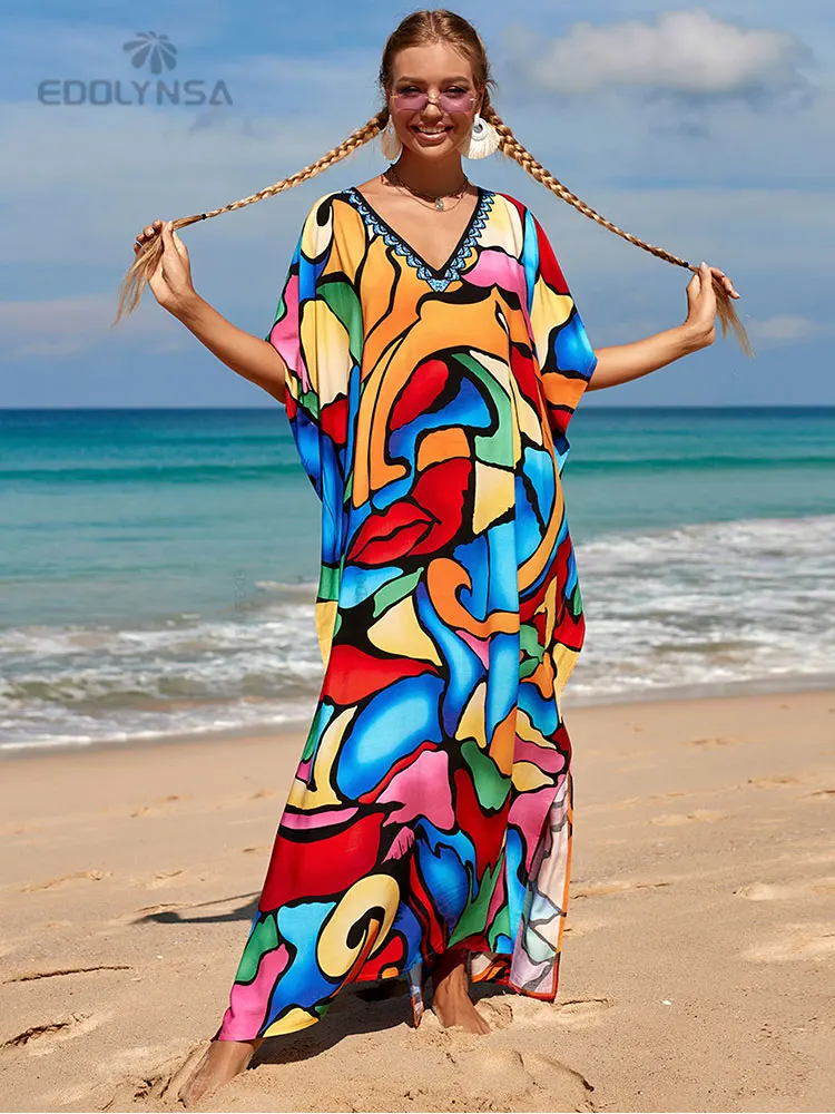 2023 Multicolored Kaftan Bohemian Printed V-neck Batwing Sleeve Long Dress Women Beachwear Cover-ups Loose Maxi Dress Robe N1342