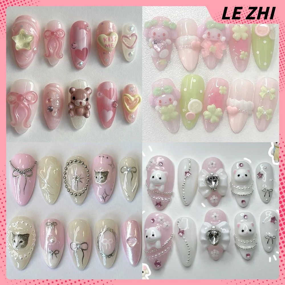 

10Pcs Lovely 3D Cartoon Almond Handmade Nail Party Sticker Cute Cat Rabbit Bowknot Diamond Four-Leaf Clover Pearl Press On Nail