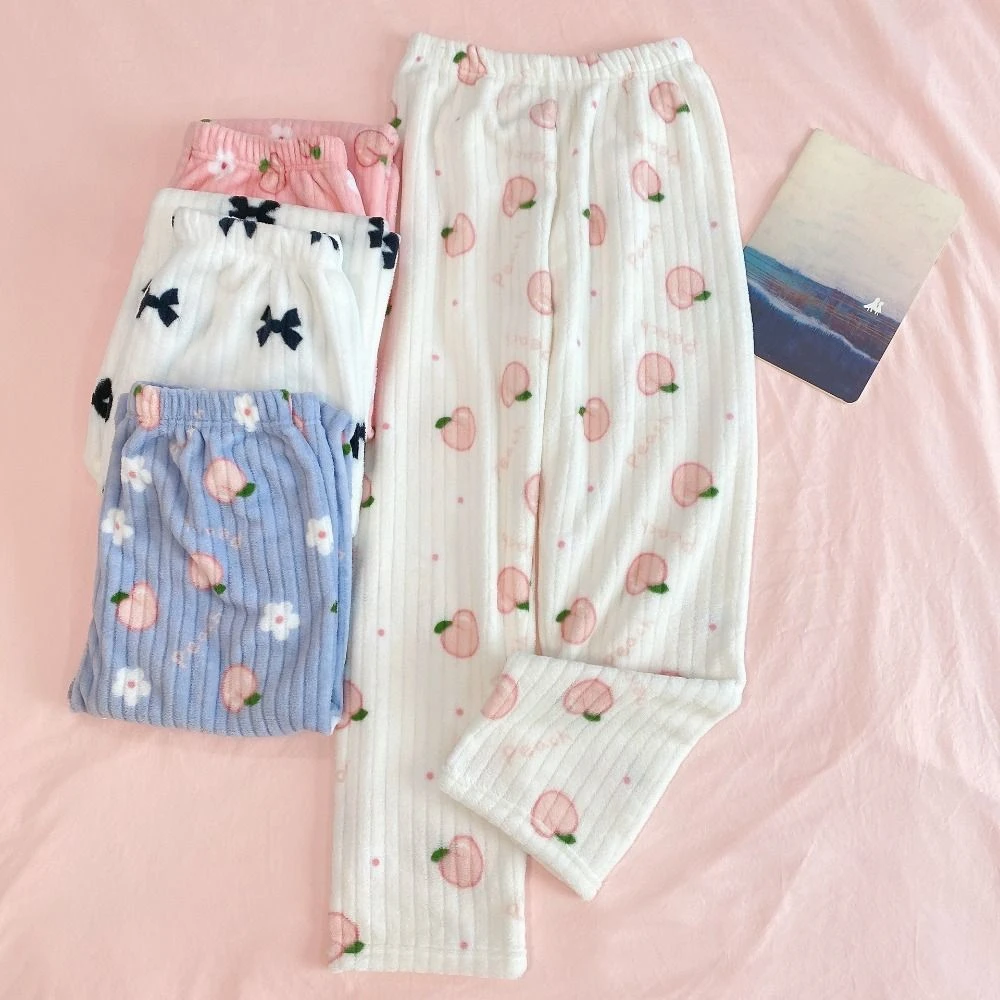 Casual Bowknot Peach Pajama Pants Loose Nightwears Flower Fleece Trousers High Waist Sweet Coral Fleece Pants Daily