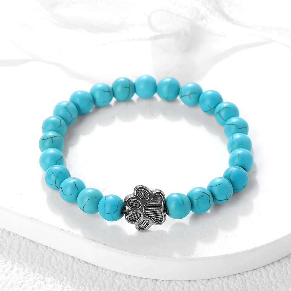 Natural Matte Black Lava Volcanic Stone Paw Print Charm Bracelet Homme Femme Pet Memorial Cat Dog Lovers Jewelry Bracelets Gifts