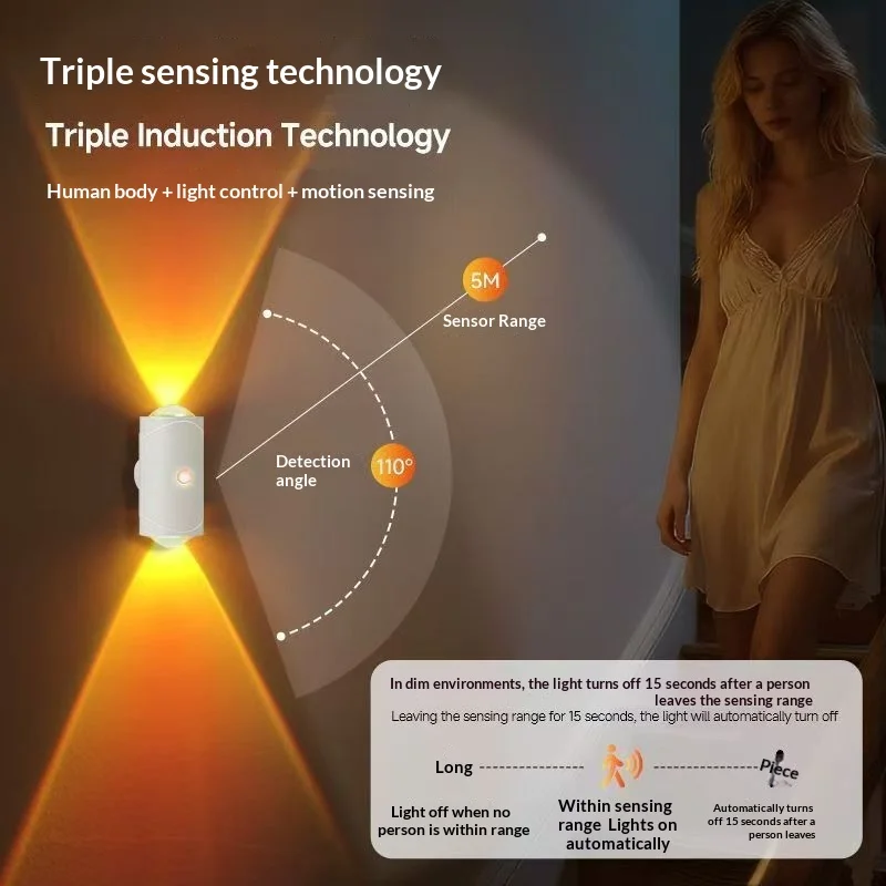 2/4pcs-Double-head Motion Sensor Wall Lamp Night Light for Bedroom Bedside Hallway Corridor Staircase Ambient Lighting