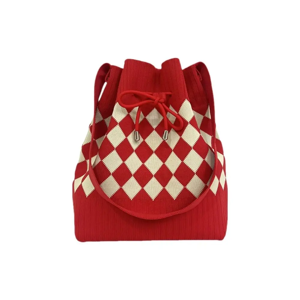 Bundle Pocket Houndstooth Bucket Bag Commute Soft Diamond Drawstring Bag Handbag Large Capacity Knitted Checked Shoulder Bag