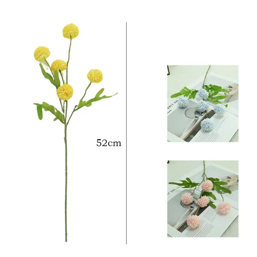 

5 Heads Dandelion Artificial Flowers Multicolor Bridal Bouquet Faux Ball Chrysanthemum Green Leaves Desktop Ornament