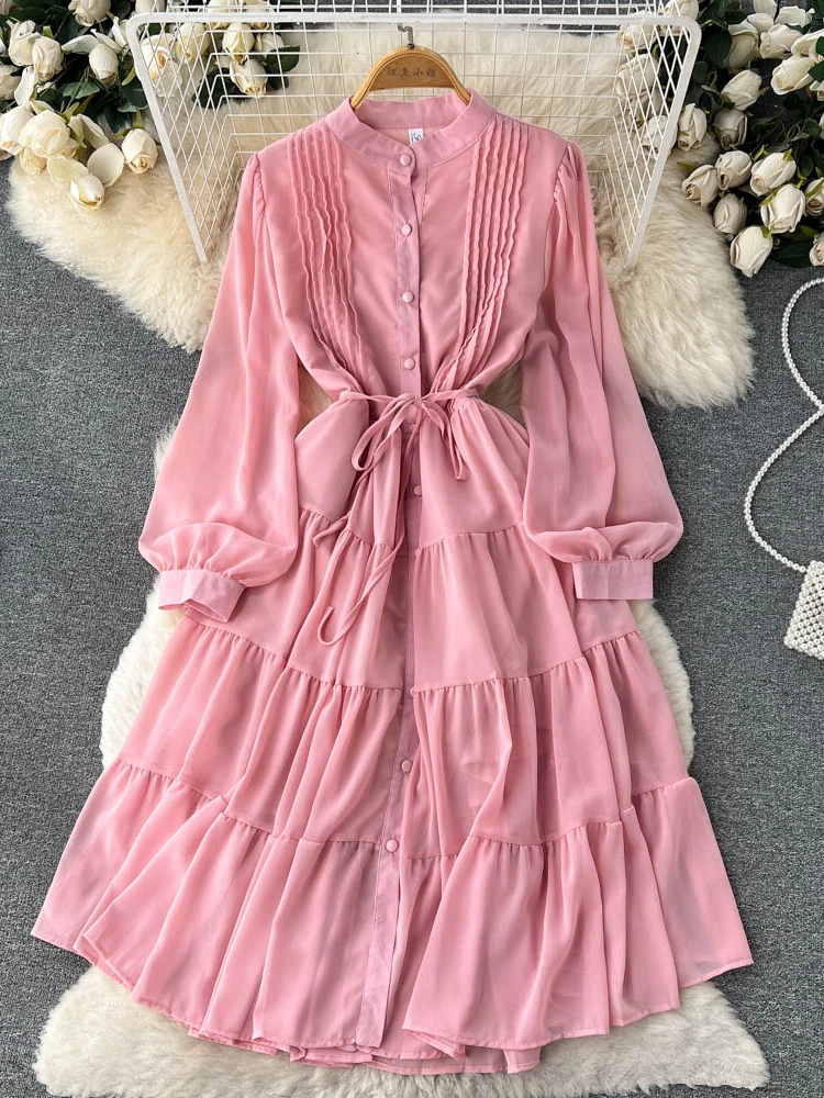 Women Casual Chiffon Dress Spring Autumn Long Sleeved Slim A-line Party Dresses French Chic Pleated Shirt Long Robe Vestidos 872