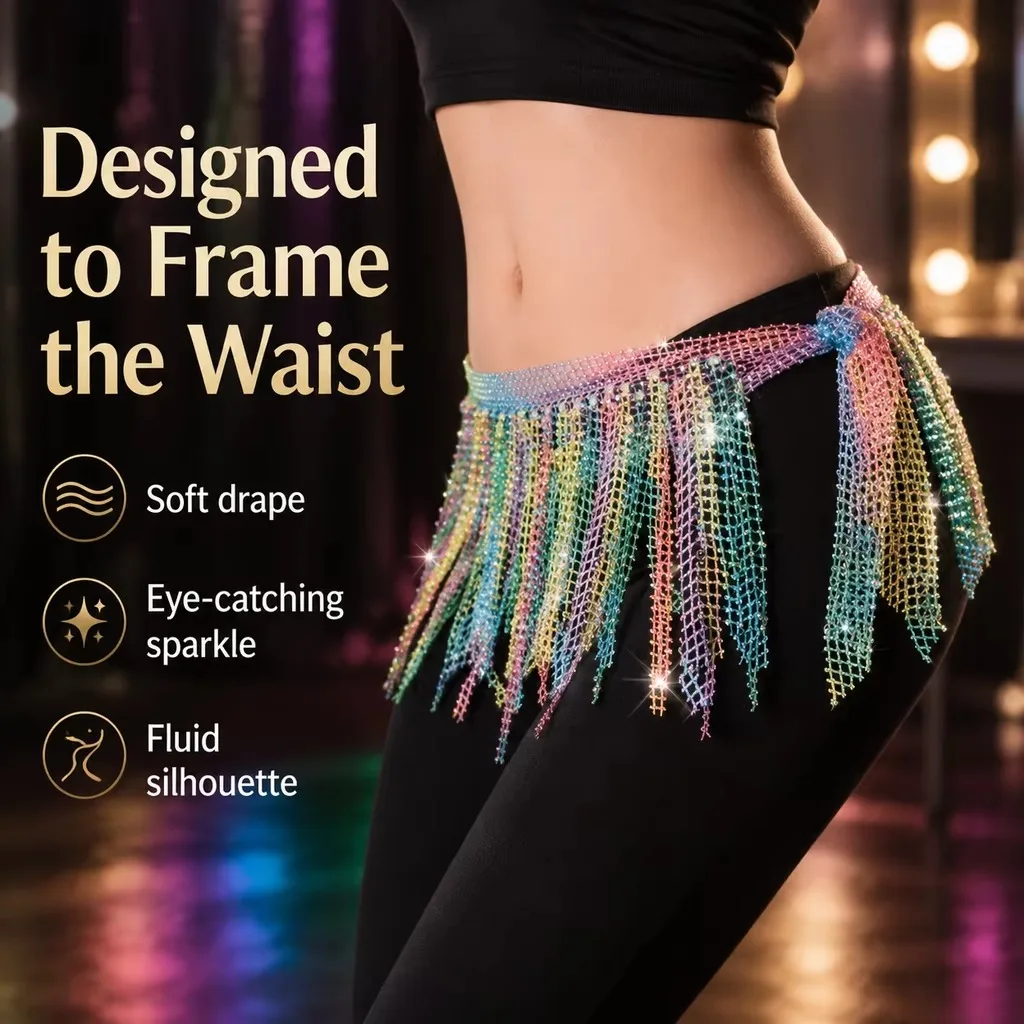 Women Belly Dance Waist Chain Colorful Rhinestone Mesh Hip Scarf Fringe Skirt Festival Performance Waist Belt