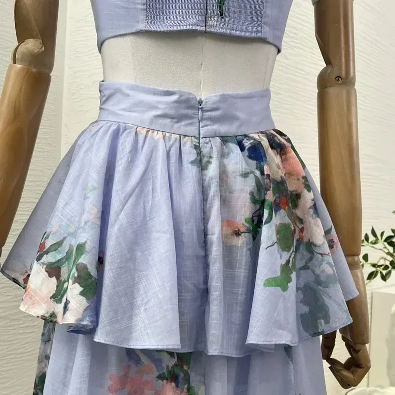 Women Summer Dress Beach Style New Pure Cotton Sleeveless Floral Print Pleats Design Cut Out Shirred Frill Women Midi Dresses