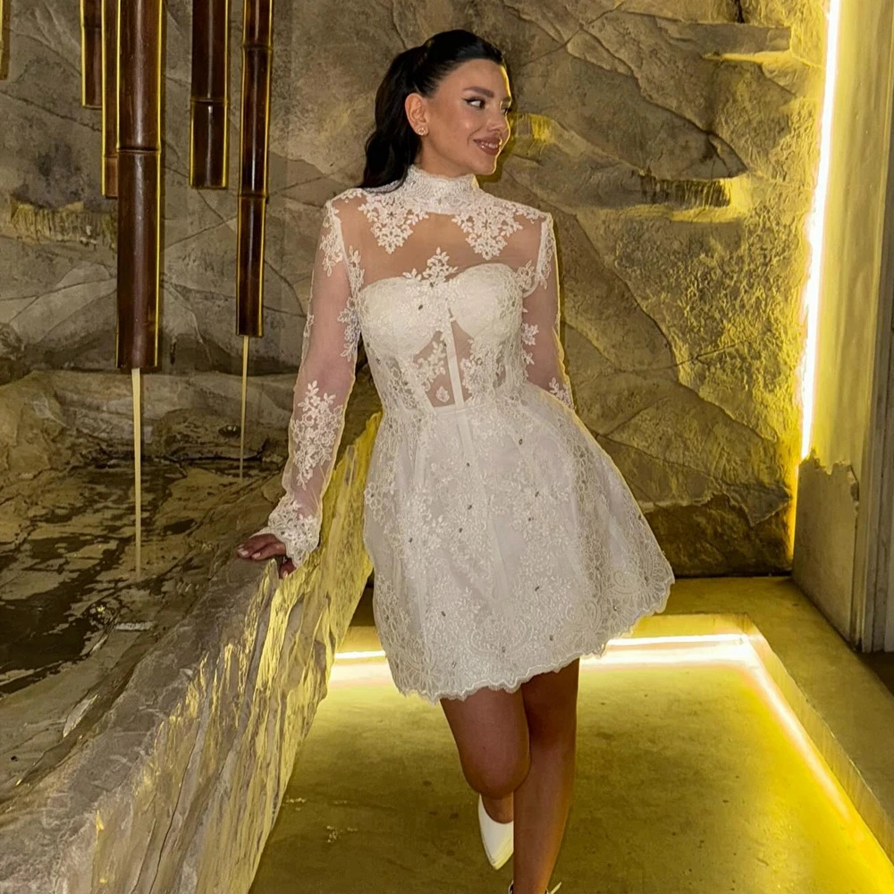 

Элегантное вечернее платье А-силуэта с кружевными аппликациями, высоким воротом и длинными рукавами, короткое вечернее платье для выпускного вечера, для гостей на свадьбу, сетчатое свадебное платье