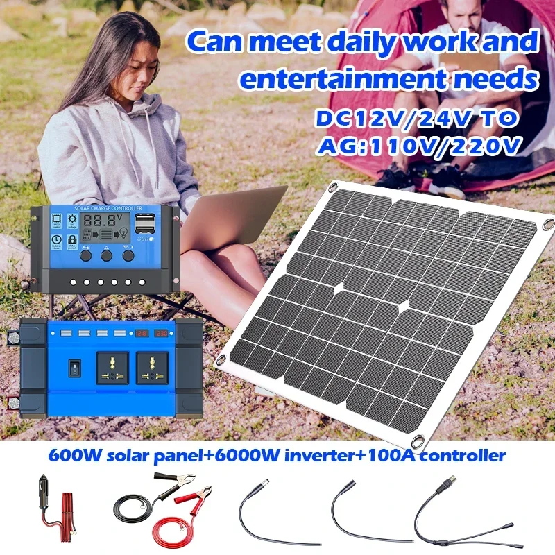 6000W Dual Solar Panel Inverter Kit: 2x600W Portable System + 100A mppt Controller & 110V 220V Inverter for RV/Camping/Off-Grid