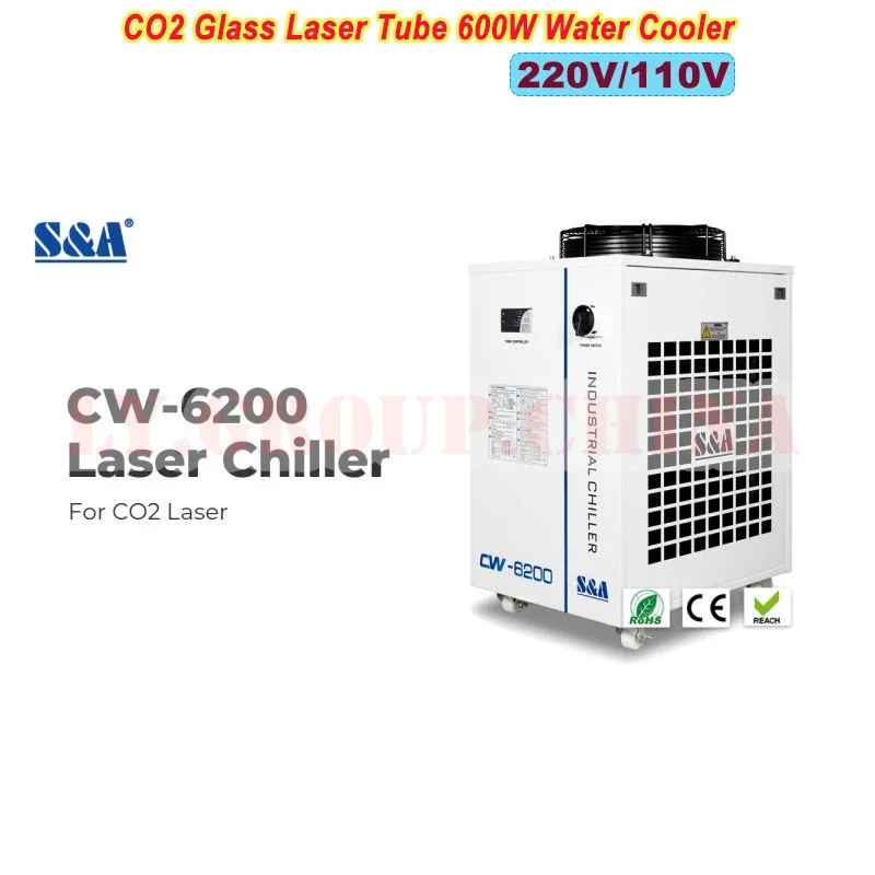 

CW-6200 Air Cool Chiller for CO2 Laser Engraving Machine Thermolysis Industrial Water Cooler 600W Glass Tube CNC Spindle Cooling