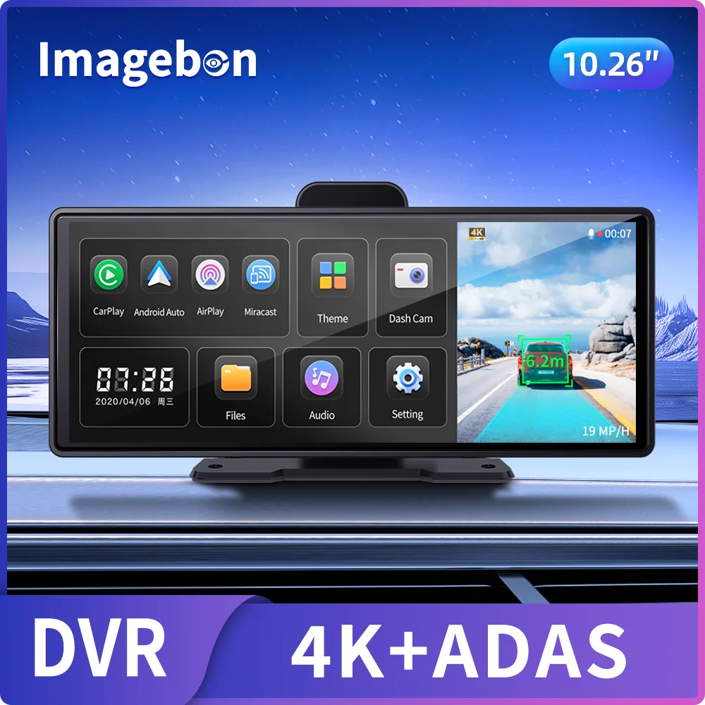 Imagebon H9 Plus, Cámara para Auto 4K ADAS de 10.26 Pulgadas, CarPlay y Android Auto Inalámbricos, Visión Nocturna, Monitoreo de Estacionamiento 24h, DVR para Auto