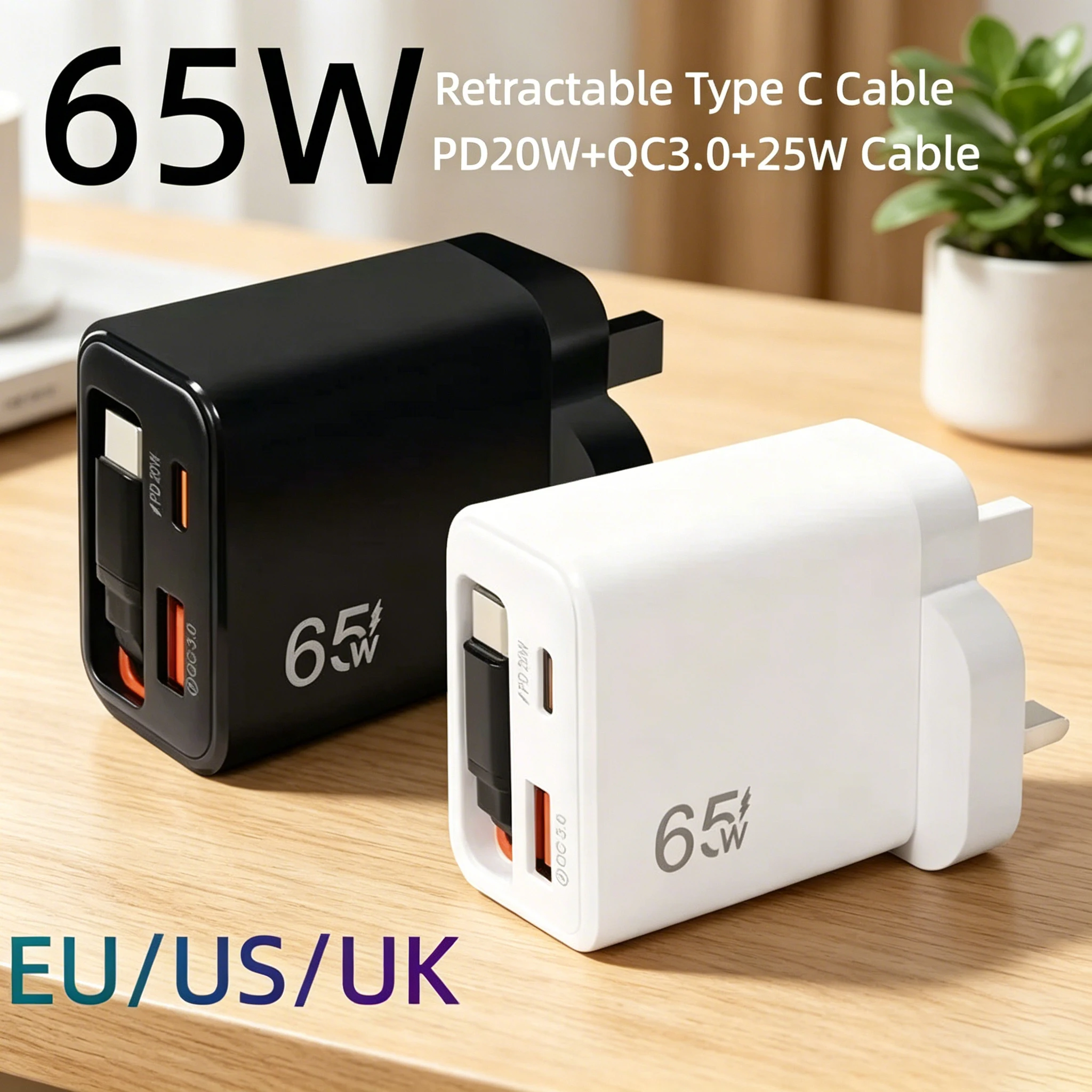 65W USB-C Schnellladegerät mit Einziehbarem Typ-C-Kabel PD-Schnellaufladung für iPhone 16 15 MacBook Samsung Laptop iPad EU/US/UK-Stecker