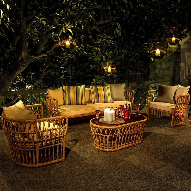 

Customized rattan sofa, chair, living room, balcony, waterproof and sunscreen combination, tea table, bird's nest bed,