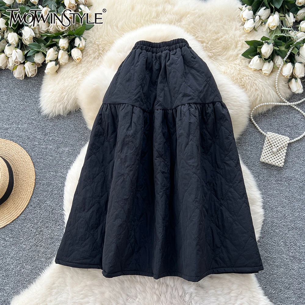 

TWOTWINSTYLE French Style Vintage Solid Skirts For Women High Waist Autumn Thicken Elegant Skirt Female Fashion New KSK547450