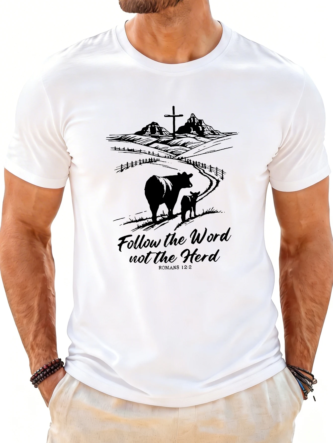 Men's Graphic T-Shirt - Breathable, Soft, Lightweight - Mother and Son Cows Crossing the Mountains - Vintage Fun Graphic Casual Short Sleeve Summer Top, Gift for Him