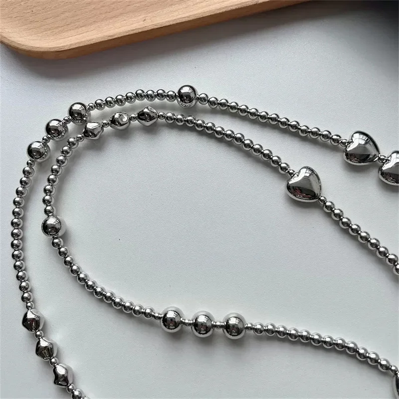 Korea Cute Silver Love Heart Bead Oblique Span Chain Phone Bracelet Charm Chain Knot Cellphone Lanyard Keychain Bag Long Lanyard