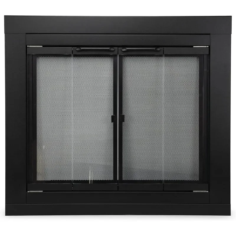 Fireplace Glass Bi-fold Style Door, Black Finish, Medium, Decorative Fireplace Screen Door for Fireplace Accessories