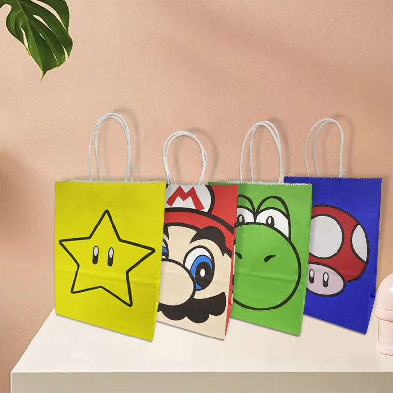 1/4/12pcs Mario Series 21x15x8cm Kraft Paper Bag Anime Yoshi Toad Cartoon Print Children Party Supplies Candy Gift Bag Handbag