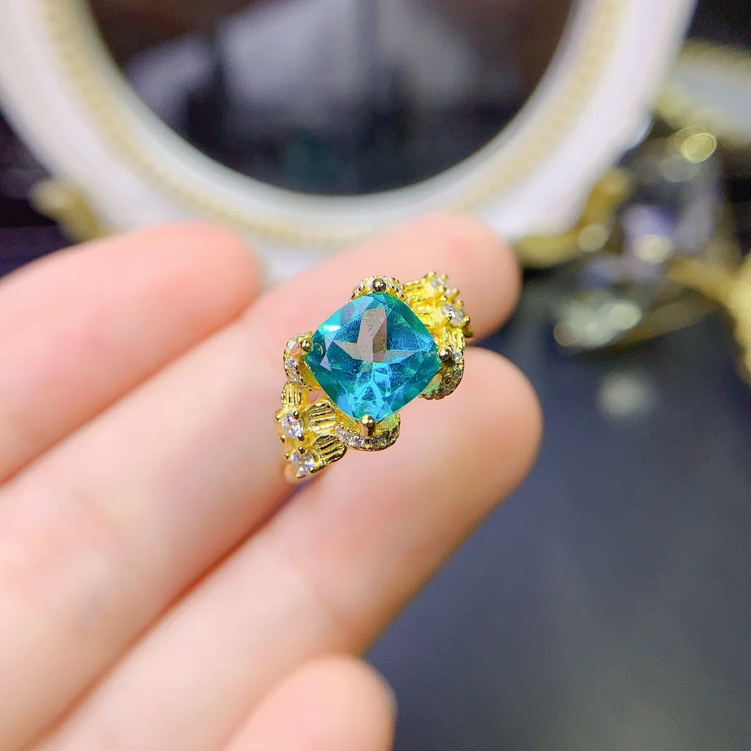 

8mm Natural Film Coated Paraiba Topaz Ring S925 Sterling Silver Certificate Design Fine Fashion Charm Weddings Jewelry for Women
