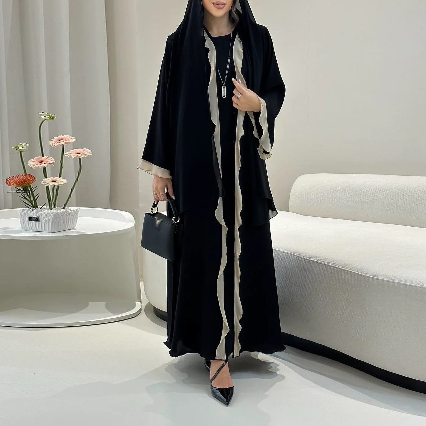 

Ramadan Saudi Arabia modest Turkiye High fashion ruffle decoration Muslim Islamic dress Abaya cardigan gown
