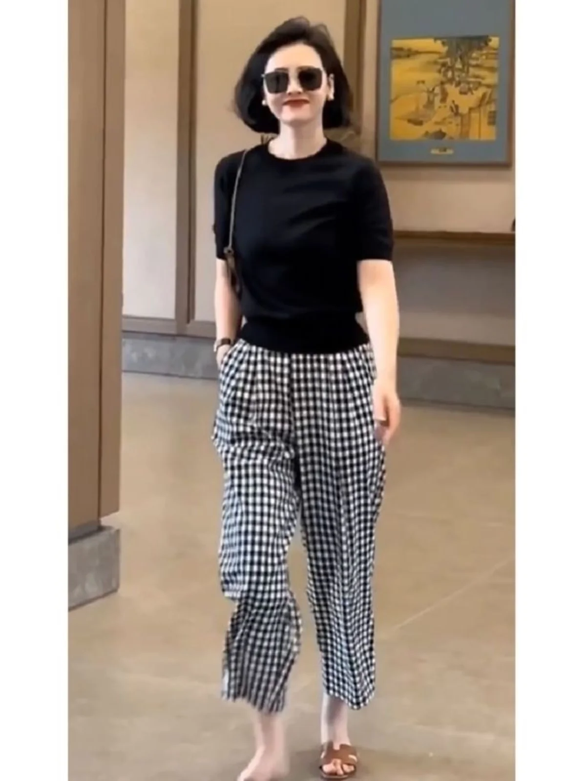 Slimming Plaid Pants Casual Women's Fashion Korean Style Summer New Trendy Harlan Nine Point Pants High Waist Other Material 100