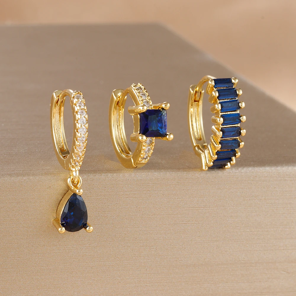 3 pçs banhado a ouro brincos de argola de aço inoxidável conjunto para mulheres gota de água pingente huggie zircon orelha brinco meninas jóias de casamento