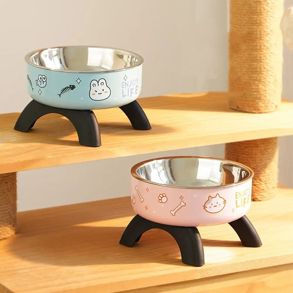 Stainless Steel Cat High Footed Bowl Cartoon Printed Anti Slip High-Legged Pet Bowl Large-Capacity Neck Protection