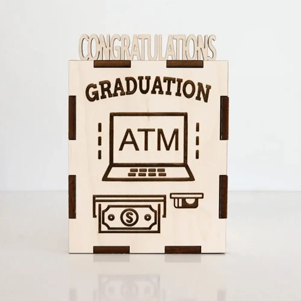 Coffret cadeau d'argent de remise de diplôme en bois, Design ATM, boîte d'économie d'argent en espèces pour fête de remise de diplôme, porte-carte de félicitations