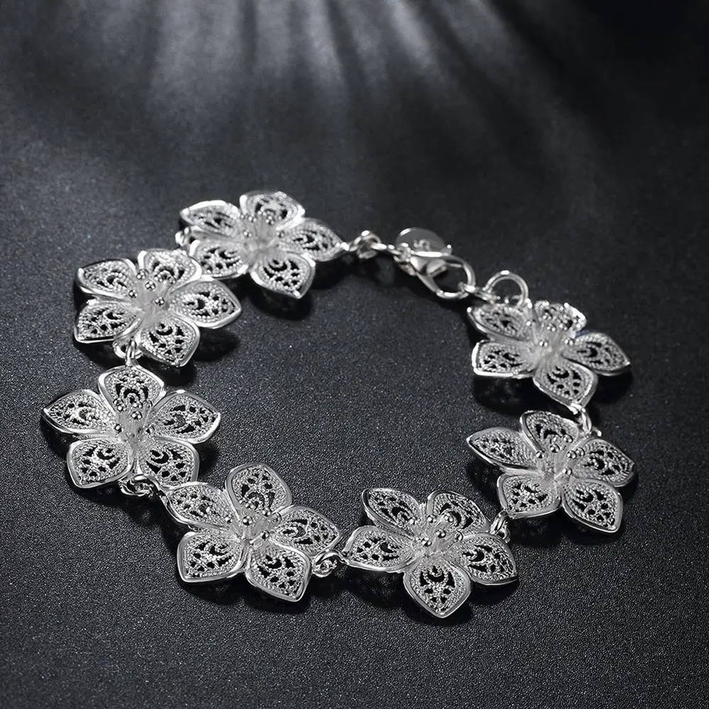 

Pretty Designer Fashion Fine Flowers Chain 925 Sterling Silver Bracelet for Women Charms Jewelry Wedding Party Lady Gifts