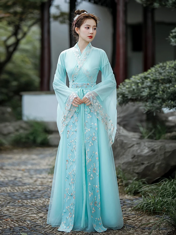 

Hanfu Women's Lake Water Green Color Lace Hollow Flower Embroidery V-neck Fashion Chinese Style Dance Costume Suit Autumn Winter