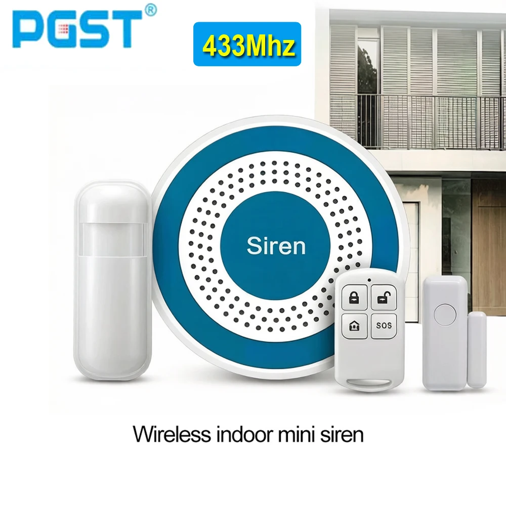

PGST 519 wireless alarm system, 433MHz, smart home security tool, alarm connection, remote control, host door sensor, PIR sensor