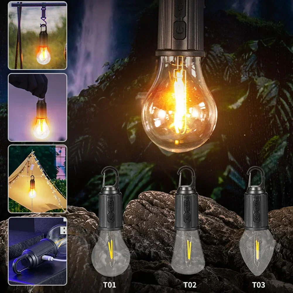 Luz de acampamento led recarregável tipo-c 400mah 100lm lanterna de barraca à prova d'água com gancho 3 modos para caminhadas, pesca, emergência ao ar livre