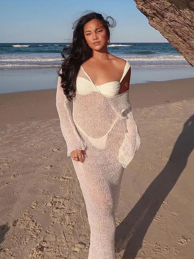 

Sexy See Through Beach Cover Up for Women Sexy Knitted Slim Maxi Holiday Dress Summer Long Sleeve White Bikini Cover Up