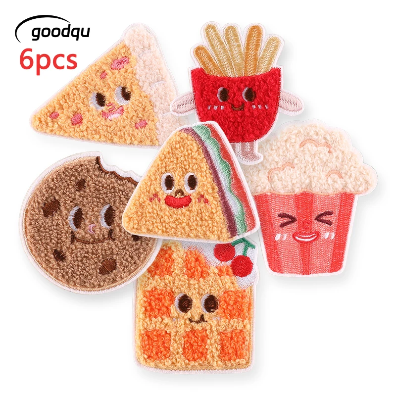 6 Stücke Chenille Lebensmittel Nette Selbstklebende Eisen Auf Patches Für Kleidung Kinder Gestickte Aufkleber Pack Stoffe Jacken Nähen Diy Lot – Detail 1