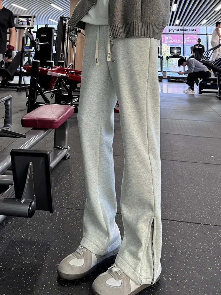 

Men's Fitn Sport Pants Winter Fce Lined Bell Bot Straight Leg Trousers Zipper Side ket Casual Loose Fit Jeans