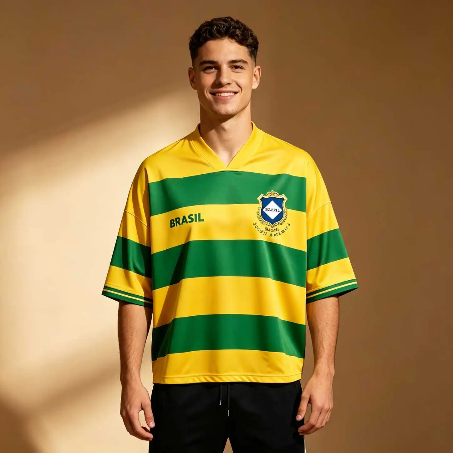 Brasil Soccer Stripe Badge Print Sporty Streetwear Men Oversized V Neck Elbow Sleeve Tee, Summer Casual Loose Tops