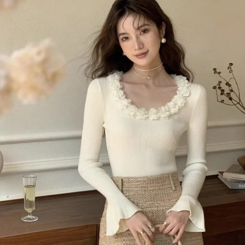 Ezgaga Woman Sweater Autumn Winter Flowers Slash Neck Flare Long Sleeve Slim Basic Knitted Tops Office Lady Elegant Pullover