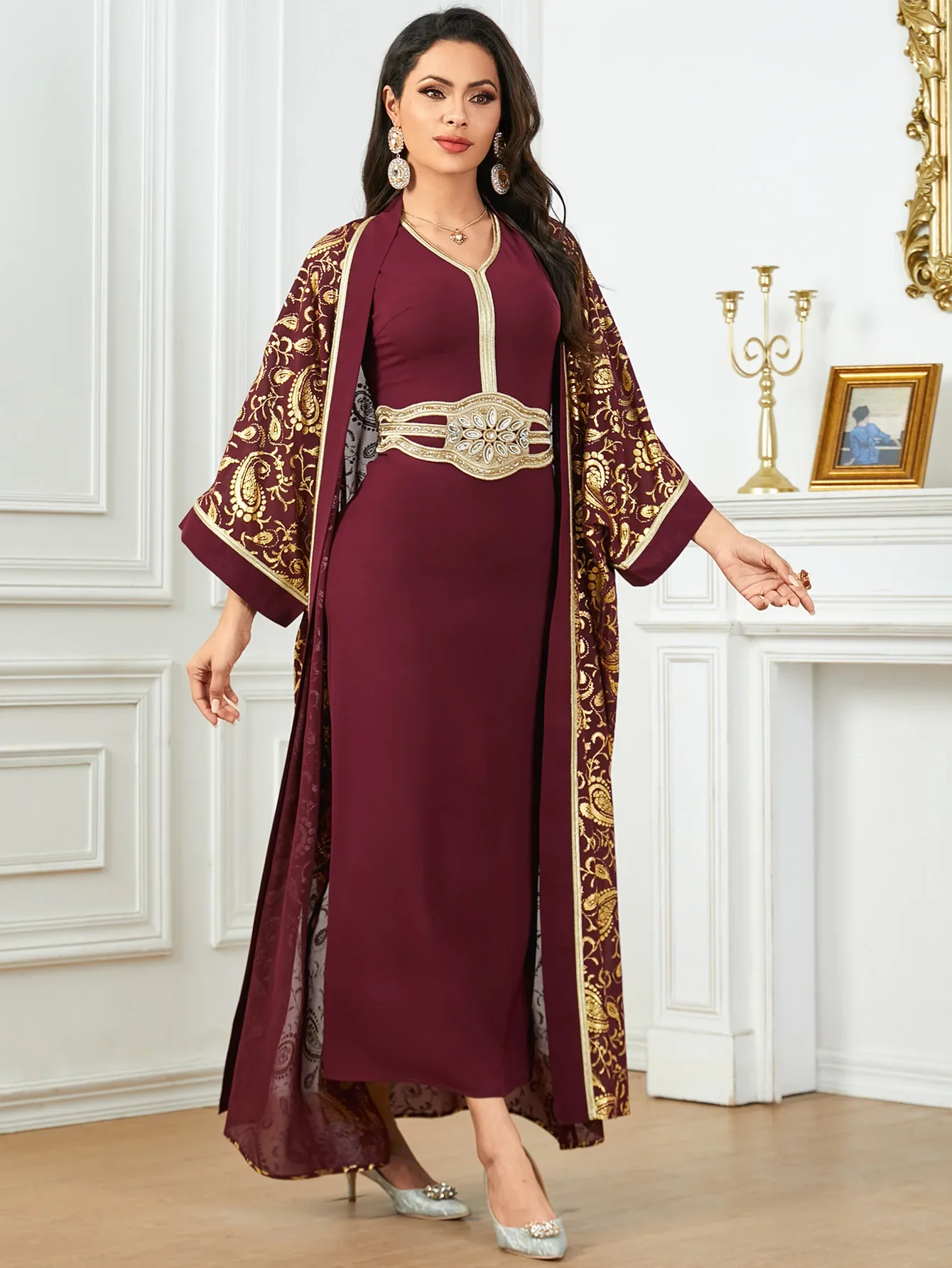 Eid Muslim Party Dress for Women Ramadan Abaya 2 Piece Set Long Robe Belt Morocco Kaftan Vestidos Largos Dubai Jalabiya 2024