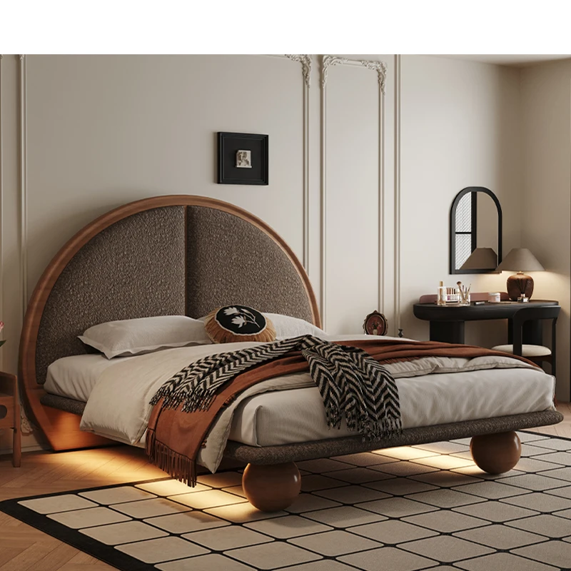 

French Solid Wood Bed for Home Modern Bedroom Furniture Walnut Color Solid Wood Frame White Fabric king Size Double Bed