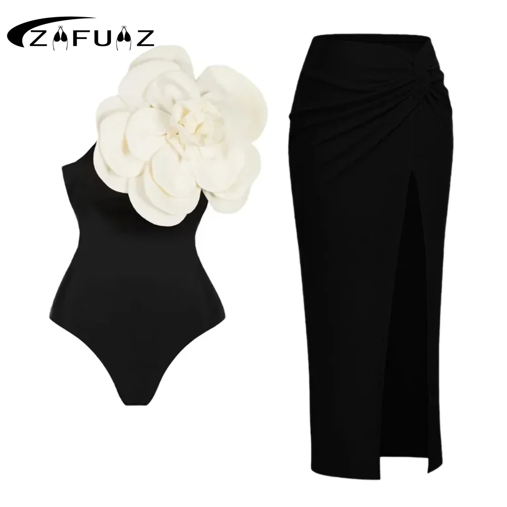 ZAFUAZ 2024 Swimsuit One-Piece Swim Skirt Women Vintage Solid Ruffle V Neck Cover Up Bikinis Swimwear Beachwear  Bath Suit Dress