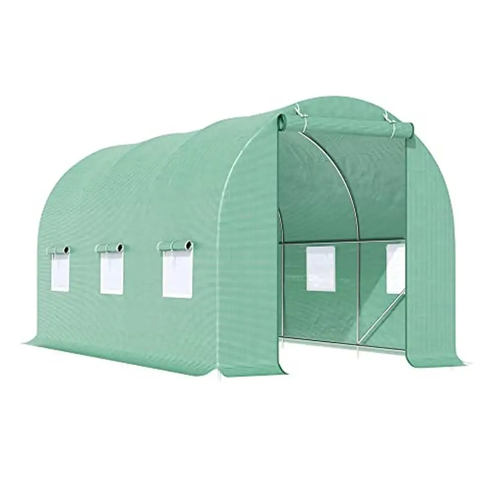 

Greenhouse Tunnel Walk-in PE Cover Steel Frame Roll-Up Door Windows Plant Growing House 15'x6'x7' Garden Patio