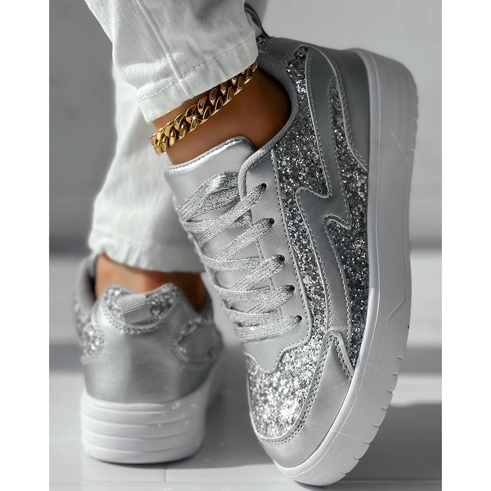 Women Bling Bling Sequins Decor Lace-up Flats Sneakers Daily Casual Round Toe Sports Shoes 2024 Spring Fashion Going Out Shoes