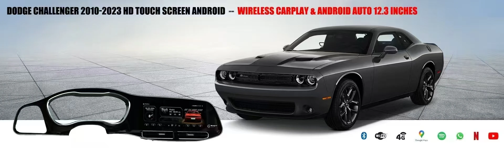 

12,3-дюймовый сенсорный LCD-экран для Dodge Challenger SRT Hellcat 2010-2023, мультимедийный проигрыватель с CarPlay, Android, GPS-навигацией и поддержкой 4G