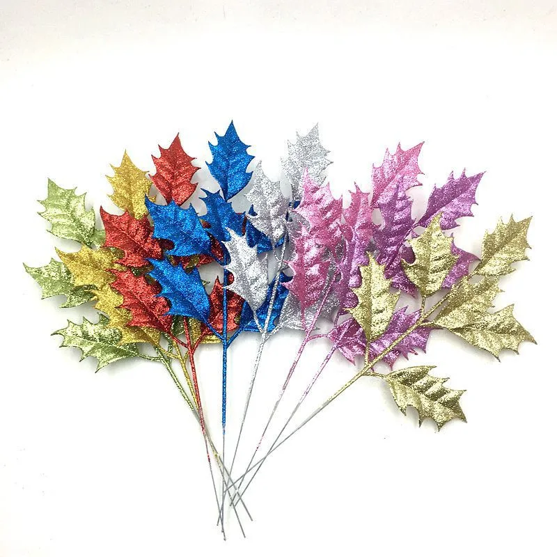 20pcs 42cm Artificial Glitter Christmas Leaf Branch For Flower Arrangement Wedding Xmas Tree Party Home Garden Decoration