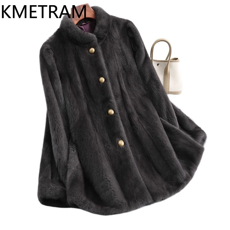 سترة نسائية من فرو المنك بالكامل من KMETRAM 100% بياقة واقفة متوسطة الطول معطف فرو منك حقيقي ملابس شتوية للنساء 2026 schuba femenarska