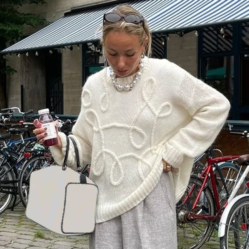 Trendix Winter Pink Knit Pullover For Women Fashion Embroidery O Neck Long Sleeve Sweater Street Loose Casual Knitwear Pullovers
