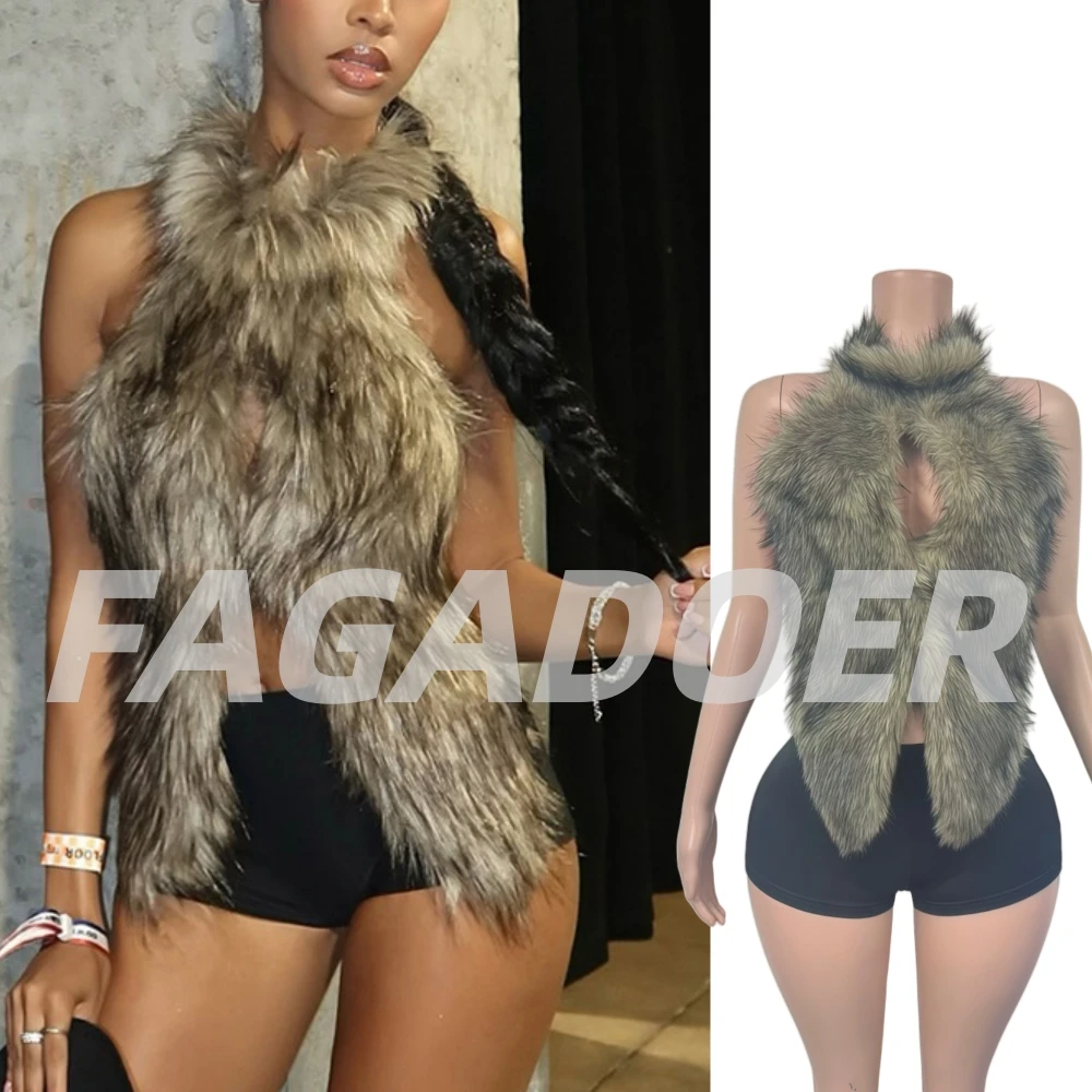

FAGADOER Y2K Sexy Fur Patchwork Two Piece Outfits Woman Halter Sleeveless Backless Crop Tops and Shorts Suit Female Streetwear