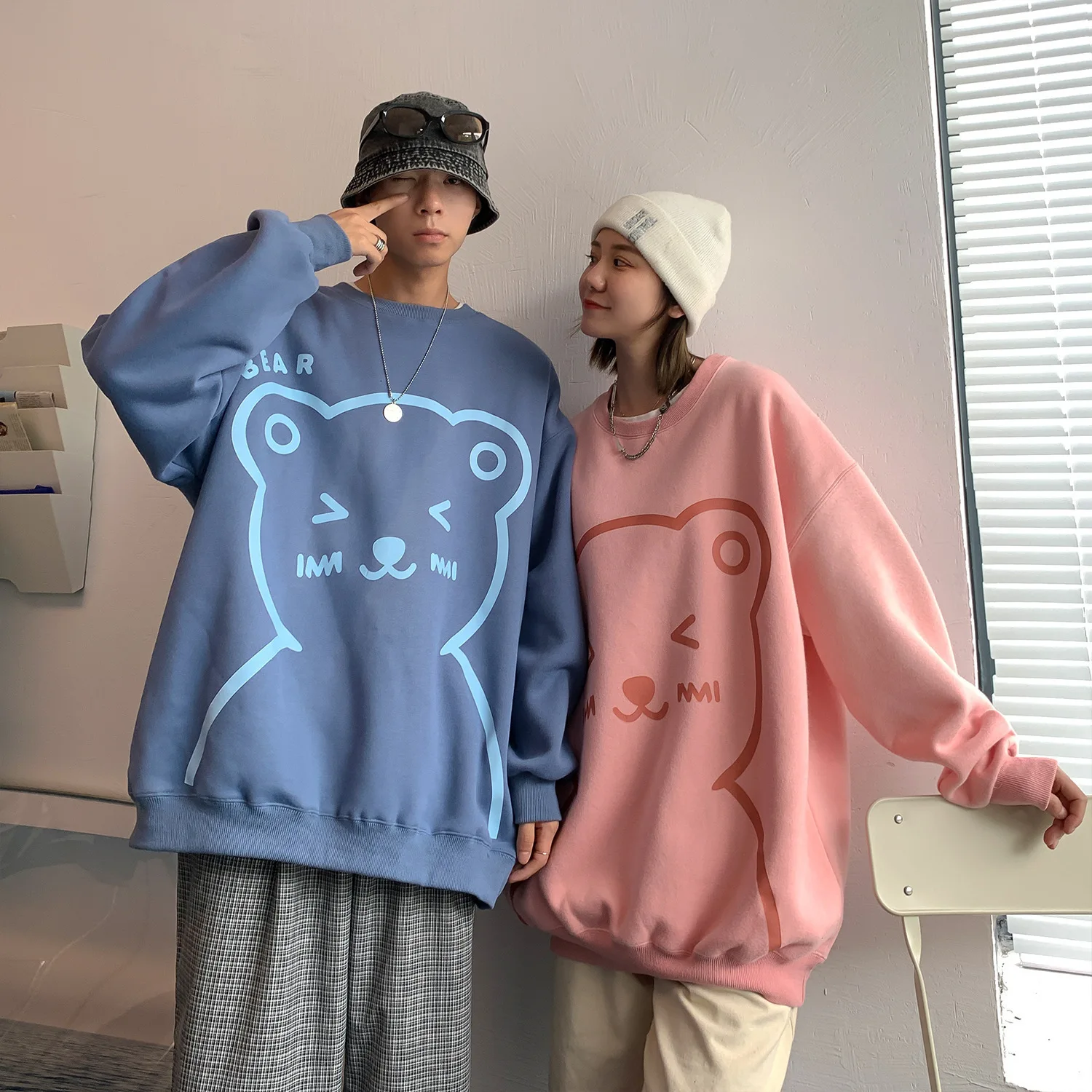 Oversized Hoodie Kawaii Cartoon Bear Print Casual O-Neck Pullovers Sweatshirts Autumn Long Sleeve Couple Sweatshirt